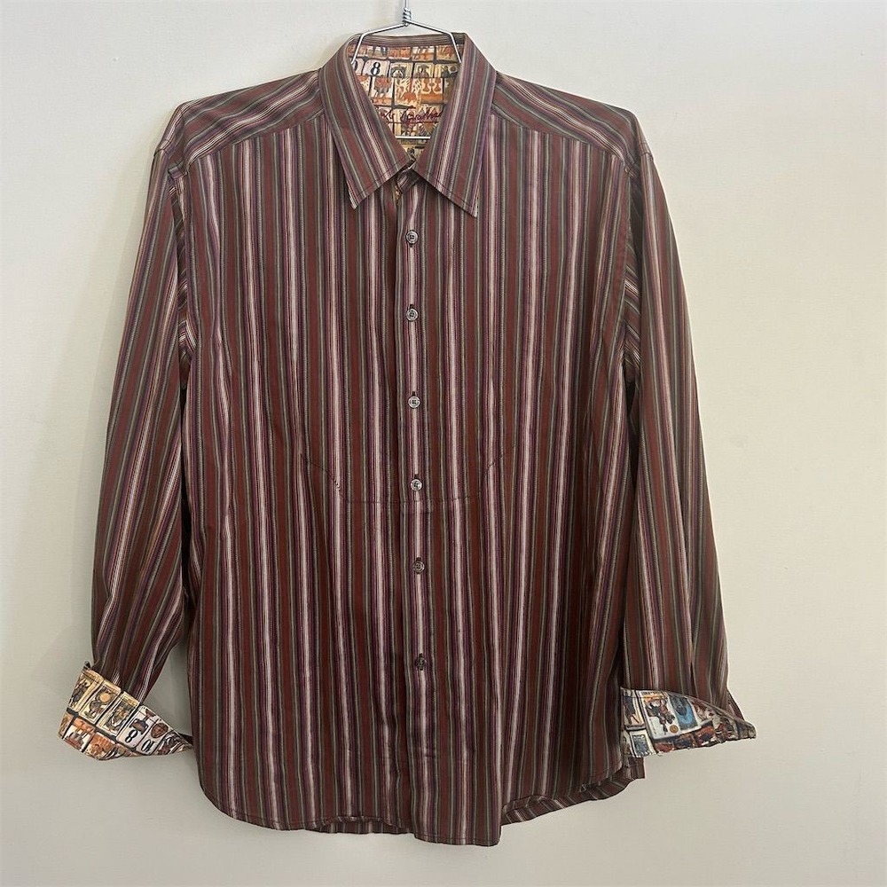 Robert Graham Long Sleeve Button-Up Shirt Flip Cuff Red Men's XL Striped